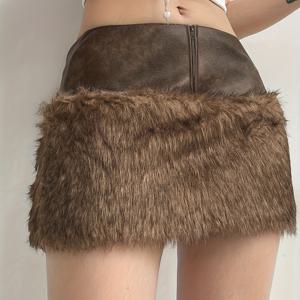 TEMU 여성용 레트로 Y2K 인조 퍼 스커트 - 지퍼 포켓 디자인 - 숏 길이 겨울 파티 스커트, 브라운 플러시 트림 & 벨트 스타일 허리 (신축성 없음) - 기계 세탁 가능한 논스트레치 스커트, 클럽웨어, 캐주얼 룩 (청바지 매치 가능)
