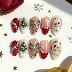 TEMU 10개 크리스마스 네일 아트 스티커 - 크리스마스 트리, 리본, 눈꽃, 하트 & 꽃 디자인의 광택 ABS 네일 팁, 혼합 색상, 네일 아트, 크리스마스 네일 아트 스티커, 축제 분위기의 네일 데코에 적합