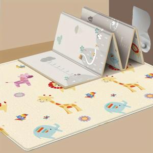 TEMU 아기용 접이식 놀이 매트 - 안전 패드 & 휴대용 가방 포함 - 동물 & 숫자 모양 학습용 부드러운 크롤링 매트 (기린 포함) - 베이지 컬러 신생아용 매트