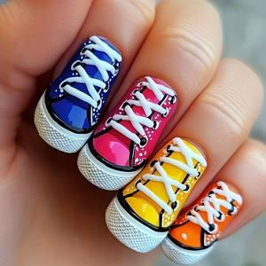 TEMU 24pcs 프레스온 네일, 블루, 핑크, 옐로우, 오렌지, 화이트, 블랙 캔버스 슈즈 스타일과 블랙 라인 디자인, 미디엄 길이 발레 네일, 광택 있는 탈착식 네일, 데일리 웨어 및 의상용 장식 프레스온 네일, 네일 아트,중간 길이의 손톱,내구성 있는 프레소,재사용 가능한 못,인조 손톱,인조 손톱,트렌디한 여성,네일 애호가