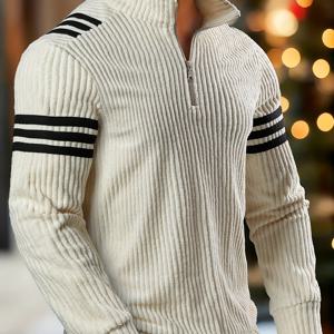 TEMU 남성 패션 캐주얼 스포츠웨어, 가을/겨울 따뜻한 기모 안감 니트 스웨터, 컬러 블록 , 지퍼업 라운드넥 긴소매, 및 야외 활동에 다용도, 루즈핏, 중간 정도 신축성, 단색 디자인, 니트 원단