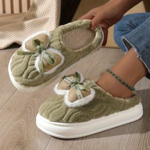 TEMU 여성용 우아한 리본 겨울 슬리퍼 - 부드러운 원단 상단 & 밑창, 추운 바닥에 따뜻한 실내 신발, 크리스마스/선물용 슬립온