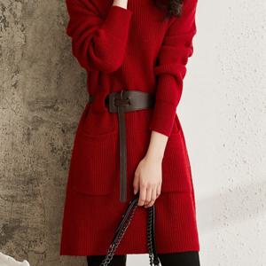 TEMU 여성용 프렌치 스타일 스모크 드레스 벨트 포함 - 하이넥 스웨터 미디 드레스, 세탁기 사용 가능 솔리드 컬러 사계절 우아한 드레스 (웨딩, 교회, 사무실 & 세미포멀 이벤트용, 패딩 불필요)