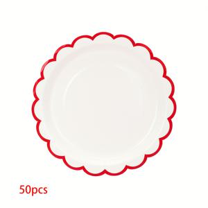 TEMU 10/20/50개입 우아한 흰색 & 빨간색 스칼렛 종이 접시 - 7인치 원형 디너 접시, 빨간색 트림, 내구성 좋은 종이 식기, 크리스마스, 결혼식, 생일, 파티용 - 식품 안전 파티 장식, 디저트 접시, 축제 디자인, 장식 접시