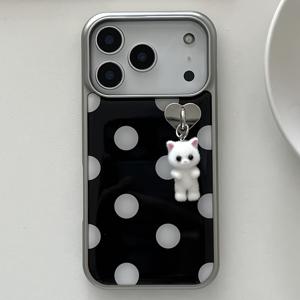 TEMU 귀여운 반짝이는 폴카 도트 에폭시 휴대폰 케이스, 아이폰 17 Promax, 17 Pro, 17 Air, 17, 16, 15, 14, 13 Pro Max 호환 디자인, 매력적인 만화 고양이 펜던트 및 충격 방지 후면 커버, 귀여운 폰 케이스|폰케이스|아이폰케이스