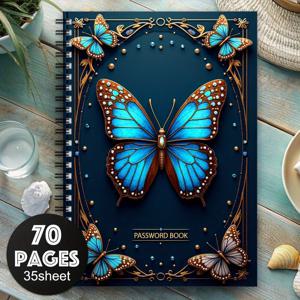 TEMU 스파이럴 비밀번호 노트 - 우아한 블루 & 브라운 나비 디자인, 골드 포인트, 플로럴 패턴 & 비즈 테두리 - 5.5x8.3인치 휴대용 비밀번호 정리장치 (홈 오피스, 저널링, 메모용) - 튼튼한 종이, 깃털 없음, 비밀번호 북