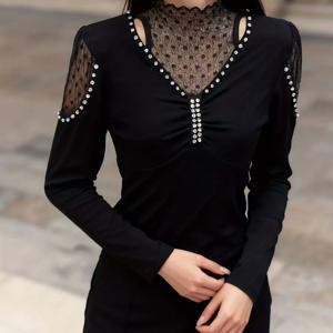 TEMU 리무진스톤 할로우 디자인의 우아한 긴팔 티셔츠 | 하이넥, 단색, 레귤러 핏 (봄)