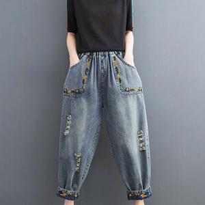 TEMU 봄여름 여성 찢청 청바지 에스닉 자수 밴딩 와이드 캐주얼 데일리 빅 사이즈 배기 팬츠 SLIM GIRL 슬림소녀