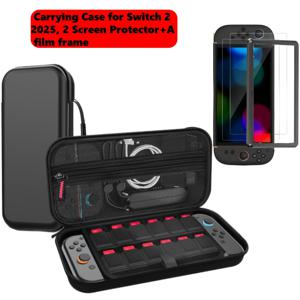 TEMU 스위치 2 2025용 여행용 케이스, 대용량 액세서리 번들 홀더, 2개의 스크린 프로텍터 + 필름 프레임, 하드 보호 커버 에스테루와 12개의 게임 카드, 블랙