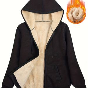 TEMU 여성용 겨울 기모 안감 후드티 | 캐주얼 따뜻한 두꺼운 재킷, 지퍼 플래킷 및 포켓, 단색, 레귤러 핏