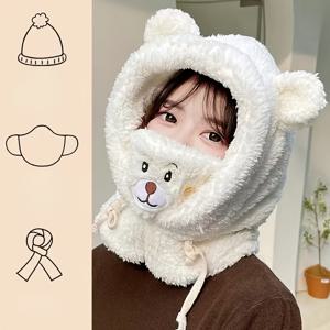 TEMU 곰 모양 마스크 모자 스카프 통합 여성 겨울 두꺼운 보온 및 방한 다용도 겨울 사이클링 귀 보호 모자
