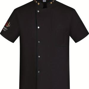 TEMU 남성용 전문 요리사 재킷 - 블랙, 통기성 폴리에스테르 소재, 디테일링, 싱글 브레스트, 별핀 스탠드 칼라, 레스토랑 요리 및 베이킹용 반팔 유니폼