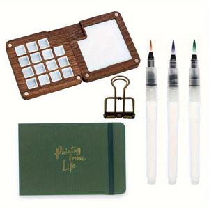 TEMU 6개 세트 미니 나무 수채화 팔레트 (8/15색 칸) – 휴대용 스케치 박스, 미니 페인팅 보드, 물감 브러시, 긴꼬리 클립 & 패브릭 수채화 북 포함 (물감 미포함) – 컴팩트 홈 데코 아트 정리함