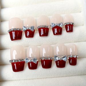 TEMU 미시 10개 숏 스퀘어 프레스온 네일, 레드 톤 글리터 리본 디자인, 펄 광택 마감, 일상, 업무, 학교, 데이트, 파티에 사용 가능한 재사용 가능한 네일 세트 - 젤리 접착제 및 네일 파일 포함
