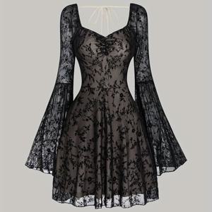 TEMU 하트 네크라인, 랜턴소매와 러치드버스가 돋보이는 슬리브 원피스 - 우아한 여성용 롱-슬림핏 솔리드컬러 심플 사각넥커지 다재다능 미디