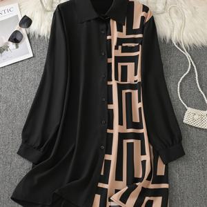 TEMU 플러스 사이즈 여성용 우아한 기하학 프린트 긴팔 셔츠 드레스 - A라인 미디 길이 버튼 앞면, 세탁기 사용 가능 블랙 & 베이지 캐주얼/세미포멀 봄/가을 드레스, 롱 슬리브 드레스, 폴도버 칼라, 비침 방지 원단
