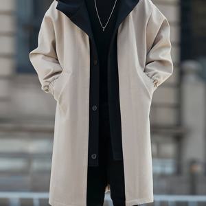 TEMU 남성용 캐주얼 후드 트위드 트렌치 코트, 긴 길이 컬러 블록 겨울 , 비스트레치 소재, 정규 소매, 폴리에스테르 안감, 단추 포켓, 직조 아우터웨어용