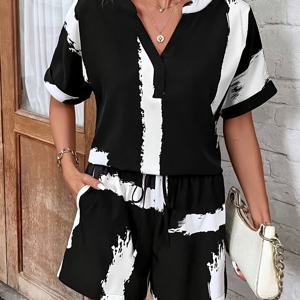 TEMU 2pcs 여성용 추상 프린트 V넥 배트윙 슬리브 탑, 신축성 있는 허리 레이스업 반바지 세트, 폴리에스터 혼방, 올 시즌 직조 의상