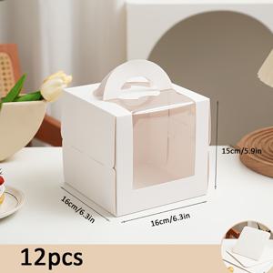TEMU 6/12개 흰색 케이크 상자 (손잡이 & 케이크 보드 포함) - 생일, 크리스마스, 할로윈, 결혼식, 파티, 선물용 휴대용 플라스틱 용기 - 튼튼하고 냉동고에 적합, 안전한 뚜껑이 있는 사각 디자인, 컵케이크 & 페이스트리, 케이크 장식 용품에 적합|냉동고