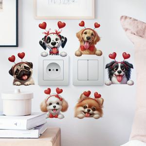 TEMU 6개 귀여운 강아지 하트 헤어 클립 라이트 스위치 스티커 - 자체 접착, 제거 가능한 비닐 벽 데칼, 방 장식용, 미학적인 홈 데코, 사랑스러운 개 품종 디자인과 빨간 하트, 라이트 스위치 장식 | 만화 개 디자인 | 내구성 있는 비닐 스티커