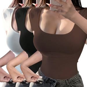 TEMU 3팩 여성 U넥 반팔 티셔츠 | 캐주얼 단색, 스키니핏, 로우 칼라, 중간 신축성 원단, 봄/여름 컬렉션