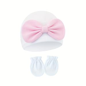TEMU 신생아 리본 모자 & 스크래치 방지 장갑 세트 2pcs, 귀여운 베이비 헤드웨어 액세서리, 완벽한 선물