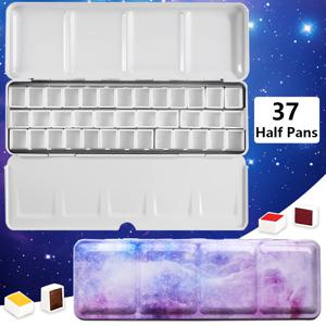 TEMU DIY 휴대용 여행 수채화 세트용 37개 분리 가능한 빈 하프 팬이 있는 금속 수채화 틴 페인트 트레이 팔레트 케이스 접이식 믹싱 팔레트, 플레인 에어 페인팅 - 1개|폴딩박스