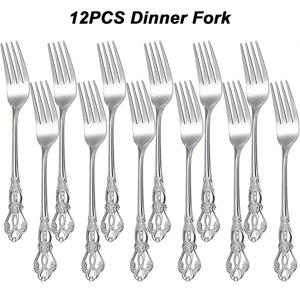 TEMU 8/12 팩 식품 등급 스테인레스 스틸 실버웨어 포크, 빈티지 디자인, 8.5 인치 저녁 포크, 파스타/스테이크/샐러드/빵에 적합, 거울 폴리싱 실버웨어, 가정/레스토랑/파티/크리스마스/추수감사절/할로윈에 적합, 식기 세척기에서 안전합니다