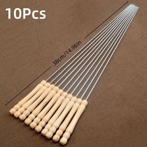 TEMU 10개 스테인리스 스틸 바베큐 꼬치 나무 손잡이 - 내구성 강한 방청 그릴용, 캠핑 및 양고기·채소 요리용, 안전한 음식 고정, 균일 조리, 야외 주방 필수품, 인체공학적 디자인, 자연 마감