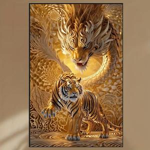 TEMU 1pc 프레임리스 DIY 5D 아트 캔버스 - 용과 호랑이 자수 크로스 스티치, 벽 장식용 전체 드릴 라운드 동물 아트 크래프트, 초보자 크래프트 키트, 이상적인 선물, 새로운 페인팅|보석십자수