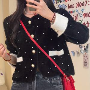 TEMU 여성용 프렌치 스타일 우아한 블랙 카디건 코트 - 대비되는 화이트 트림 & 진주 장식, 라운드넥 긴팔 버튼 프론트, 데일리 커뮤팅 및 사계절 착용 가능, 롱 슬리브 엑스트라 길이, 다재다능한 아우터웨어, 세련된 질감, 오피스 웨어, 고품질 스티칭, 프로페셔널 여성용