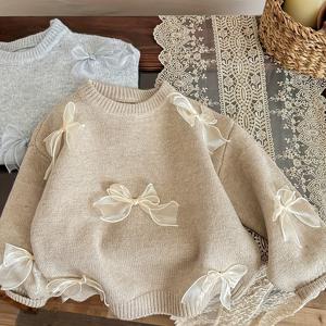 TEMU 여아용 코리안 스웨터 - 베이지/크림색 소프트 니트 풀오버, 가을/겨울 데일리 & 파티룩, 시즌 키즈 패션, 우아한 리본 디테일, 아동복 필수 아이템, 편안한 어린이 상의