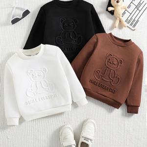 TEMU 3개 세트 남아용 소프트 캐주얼 스웨트셔츠 - 화이트, 블랙 & 브라운 & 베어 프린트 라운드넥 긴팔 스웨터, 세탁기 사용 가능 봄/가을 레이어링 아웃핏, 놀이날 & 캐주얼 복장용