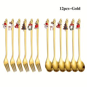 TEMU 크리스마스 커피 스푼과 포크 세트 6/12개, 인형 귀여운 디저트 스푼 세트, 스테인리스 스틸 믹싱 크리스마스 스푼, 레스토랑 크리스마스 파티용, 디저트 집중 커피, 밀크셰이크, 잼, 크리스마스 선물, 초콜릿, 우유, 식기세척기 사용 가능