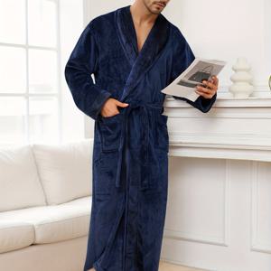 TEMU 남성용 두꺼운 플란넬 로브 - 부드럽고 따뜻한 긴 목욕 가운, V넥, 넉넉한 핏의 수면복, 집, 커플, 여행용 - 남성용 세탁기 사용 가능한 겨울 로브, 집, 포근한 의류, 클래식 디자인, 편안한 착용감, 홈 라운지웨어, 클래식 스타일, 커플잠옷, 목욕가운, 남자 홈 가운, 남자 유카타, 샤워로브, 남자 샤워가운