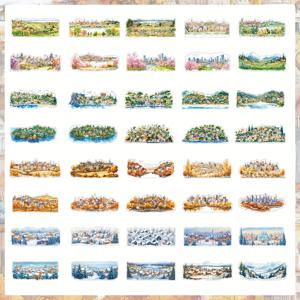 TEMU 40개 세트 레트로 아티스틱 풍경 포스트카드 스티커 - 고품질 PET 광택 마감, 계절 풍경과 건축 요소 포함, 스크랩북, 저널, 앨범 및 카드 제작용