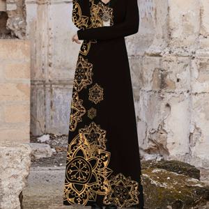 TEMU 여성용 우아한 V넥 맥시 드레스 - 긴소매 A라인 포멀 & 캐주얼 드레스, 골드 플로럴 프린트, 올 시즌 시크한 파티, 오피스, 휴가룩 - 간편한 관리 여성 의류, 파티 복장, 편안한 착용감, 오피스룩