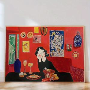 TEMU 1개 빈티지 추상 여성 유화 아트 프린트 - 레드 볼드 푸드 & 피규어 캔버스 포스터, 액자 없음 클래식 아르데코 벽 장식, 거실/침실/주방용, 집들이 선물, 실내/야외 사용 가능, 봄/가을 감성 (따뜻한 레드 & 어스 톤)