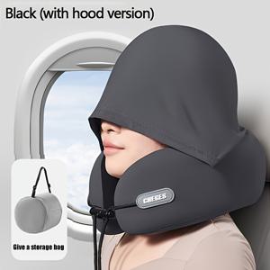 TEMU 자동차 후드 U자형 목베개, 조절 가능한 후드 U자형 목베개, 비행기 여행용 휴대용, 아이스 슬리키 섬유 천 소재의 슬로우 리바운드 U자형 목베개와 보관 가방