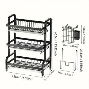 TEMU 1개 대형 3단 헤비듀티 금속 주방 수납장, 하부 선반 & 상부 선반 & 중간 랙 - 공간절약형 블랙 카운터탑 정리함 (칼/포크 홀더, 도마 보관소, 식기 건조대 & 기구 정리함) - 작은 주방용 튼튼한 철제 구조, 식기세척기 안전 & 습기 저항성 디자인, 냄비, 팬, 접시, 그릇 등을 위한 다층 이격판 시스템 - 현대적인 주방에 이상적
