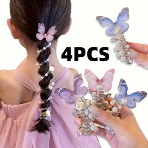 TEMU 4개 세트 새 메쉬 나비 폰 라인 헤어 밴드 소녀용 귀여운 라운드 비즈 꽃 나비 폰 라인 브레이드 헤어 밴드 일상 및 휴일 파티 착용에 적합 소녀 헤드웨어 헤어 액세서리