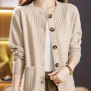 TEMU 여성용 캐주얼 롱 슬리브 가디건 - 버튼 프론트, 포켓 & 리브드 커프스 소프트 라운드넥 스웨터, 가을/겨울 루즈핏 솔리드 컬러 탑, 다재다능한 레이어링 아이템, 텍스처 니트웨어, 내구성 있는 니트, 클래식 스타일, 품질 좋은 스티칭, 세련된 여성용