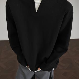 TEMU 남성용 레이어드 V넥 스웨트셔츠 - 이중층 디자인, 그레이 오버사이즈 캐주얼 풀오버, 부드러운 논스트레치 소재, 청소년 & 젊은 남성을 위한 필수 아이템, 다양한 가을·겨울 워드로브의 핵심 (손세탁 가능), 데일리룩에 완벽한