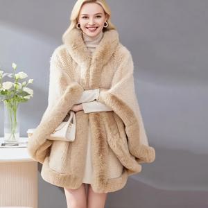 TEMU 플러스 사이즈 - 플러스 사이즈 - 플러스 사이즈 - 여성용 우아한 후드 케이프 코트 - 퍼 트림이 있는 긴 겨울 코트, 단색, 비신축성 원단, 원형 밑단 디테일, 가을/겨울에 완벽, 겨울 아우터웨어 | 우아한 후드 코트 | 비신축성 원단