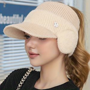 TEMU 1개 여성용 두꺼운 따뜻한 오픈형 야구 모자 (귀 보호 기능 포함) - 신축성 있는 핏, 접이식 디자인으로 야외 러닝, 레저 & 쇼핑에 적합, 로고가 있는 레드 색상, 가을 & 겨울에 완벽, 겨울용 헤드웨어 | 스타일리시한 헤드기어 | 신축성 있는 패브릭 모자