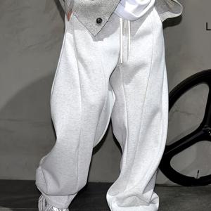 TEMU 남성용 헤비듀티 두꺼운 와이드 레그 바지 - 사계절용 루즈핏 드레스 팬츠, 주머니 포함, 주름 방지 캐주얼 & 정장용 (회색/베이지) - 연중 사무실, 반정장 이벤트용 손세탁 가능|냉장고바지|남자바지|바지