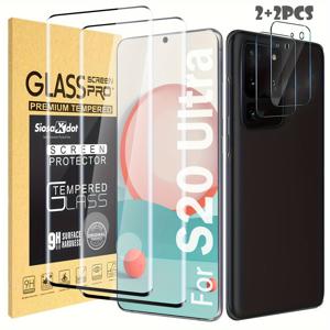 TEMU 갤럭시 S20/S20+/S20 Ultra용 2+2 2팩 강화유리 스크린 보호필름 + 2팩 카메라 렌즈 보호필름 [3D 커브드] [지문 인식] 풀 커버리지 투명 강화유리 스크린 보호필름 S20/S20+/S20 Ultra용