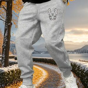 TEMU 남성용 100% 폴리에스터 짐 조거 팬츠, 프렌치 불독 프린트 - 탄성 있는 드로스트링 허리 & 커프스, 통기성 좋은 루즈핏 운동 바지 (포켓 포함), 러닝, 트레이닝, 니트