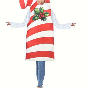 TEMU 여성용 사탕 막대 크리스마스 코스튬 (빨강 & & 홀리 잎 디자인) - 키홀 넥라인, 긴소매 풀 바디 의상 (후드 헤드피스 포함), 기계 세탁 가능 ( 파티, 코스프레, 테마 이벤트용) - 축제 분위기 크리스마스 파티 의상