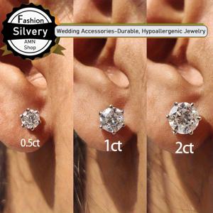 TEMU 2개 세트 여성용 반짝이는 0.5/1/2캐럿 스톤 스터드 귀걸이, 실버 304L 스테인리스 스틸 웨딩 귀걸이 - 저자극성, 색상 고정 어버이날 발렌타인데이 크리스마스 주얼리 선물